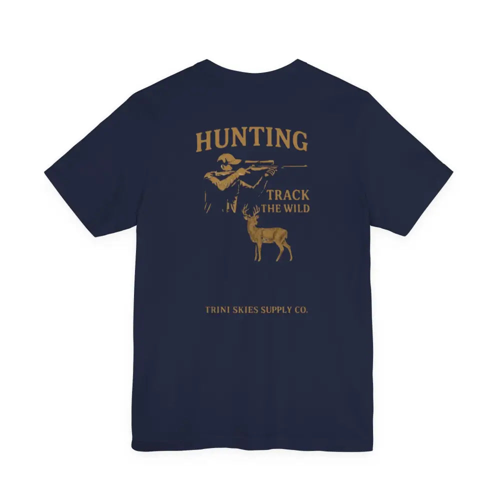 Dark blue Trini Skies Supply hunting track t-shirt with gold graphic and embroidered corduroy cap