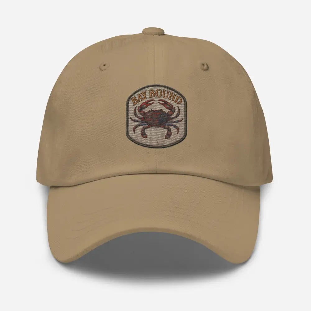 Bay Bound Embroidered Tan Dad Cap with Crab Motif by Trini Skies USA