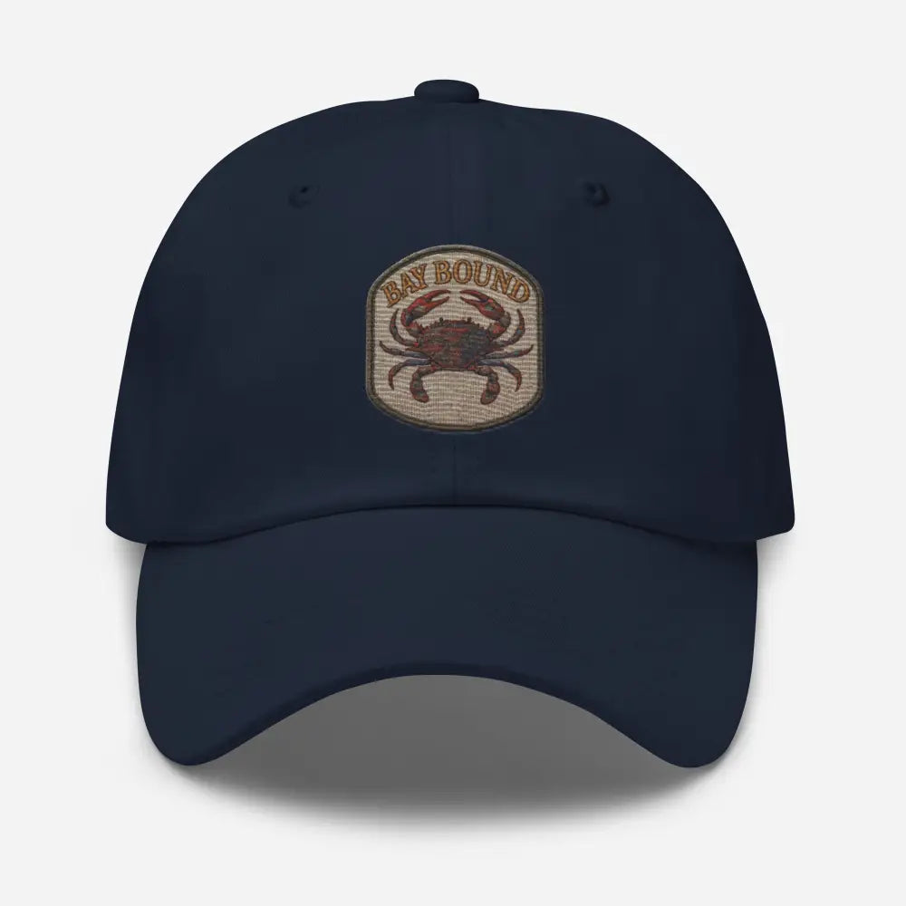 Bay Bound embroidered navy blue crab dad cap by Trini Skies USA