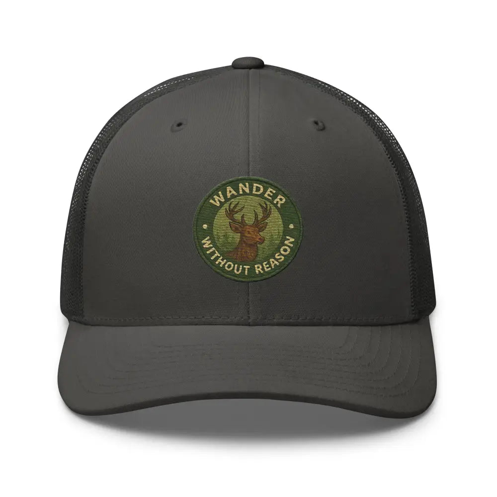 Trini Skies vintage-style embroidered deer reason trucker cap with green patch