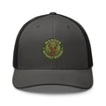 Trini Skies vintage-style embroidered deer trucker hat in gray and black