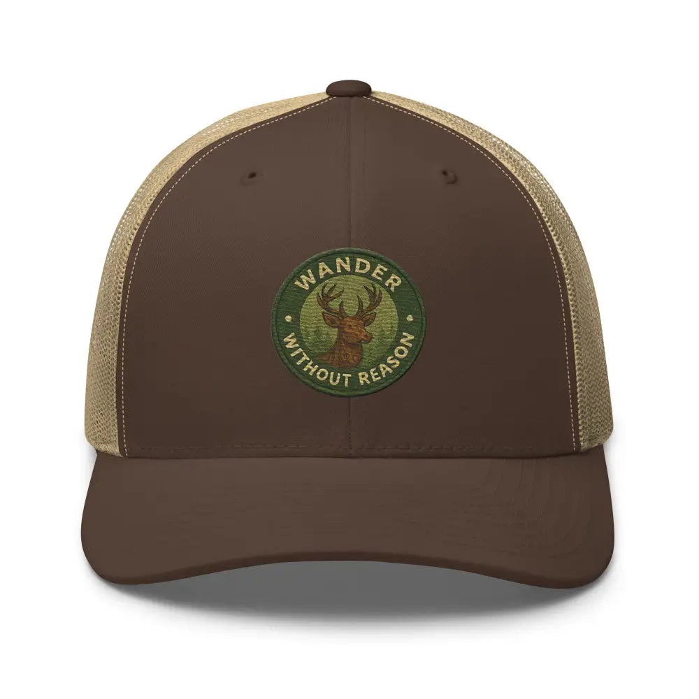 Brown and tan Trini Skies vintage-style embroidered deer wildlife trucker cap with forest patch