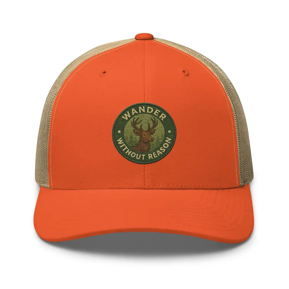 Orange and tan Trini Skies vintage-style embroidered deer trucker cap with wildlife patch
