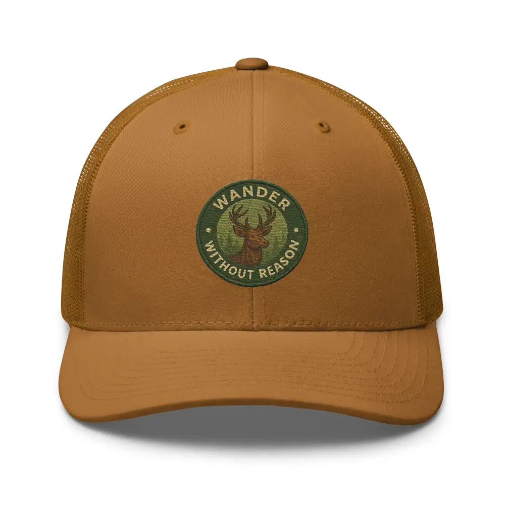 Brown Trini Skies vintage-style embroidered deer wildlife trucker cap with green deer patch