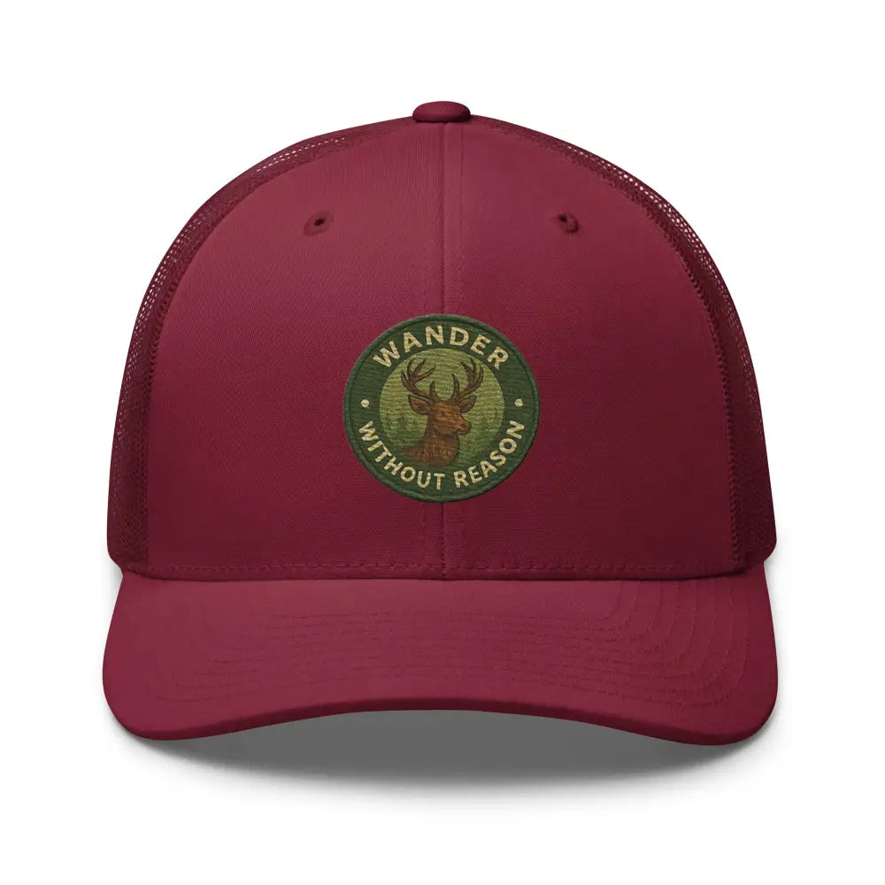 Maroon Trini Skies vintage-style embroidered deer wildlife trucker cap with patch