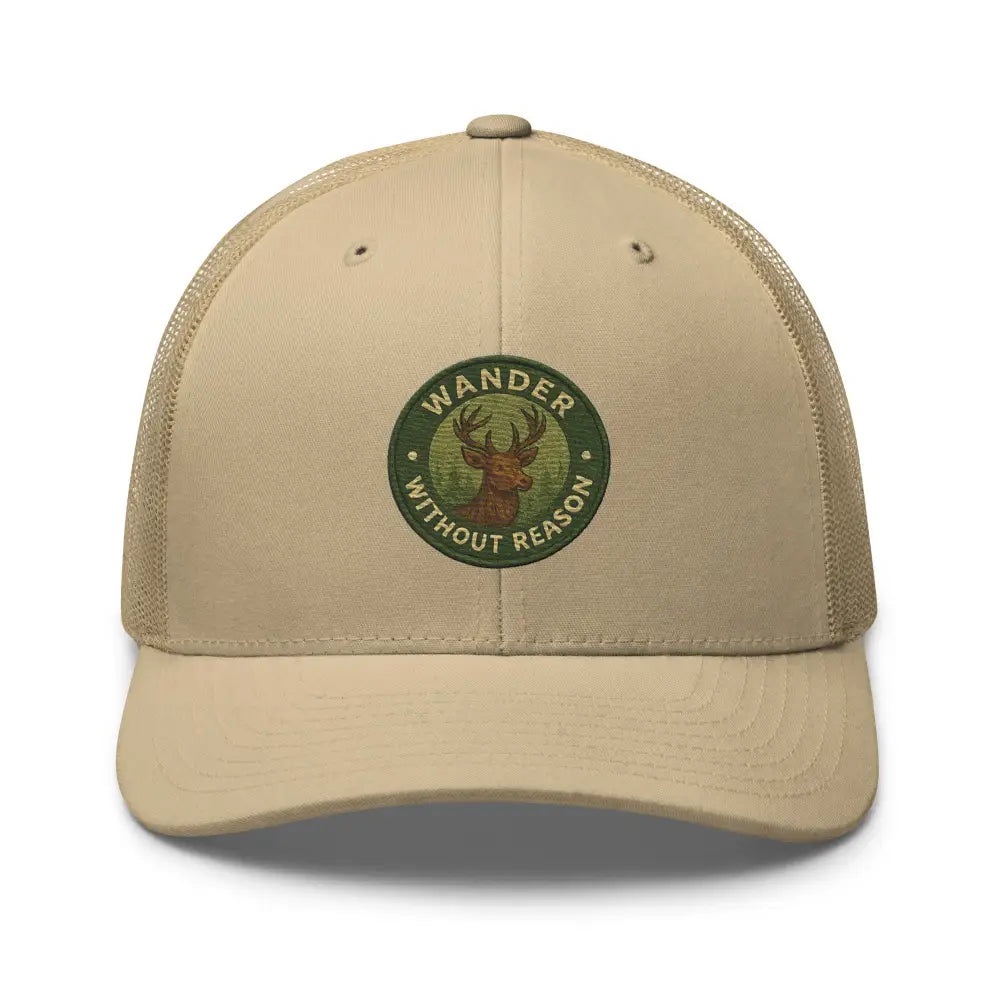Trini Skies vintage-style embroidered deer reason trucker cap with beige trucker hat design