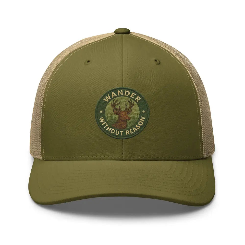 Olive green and tan Trini Skies vintage-style embroidered deer trucker cap with wildlife patch
