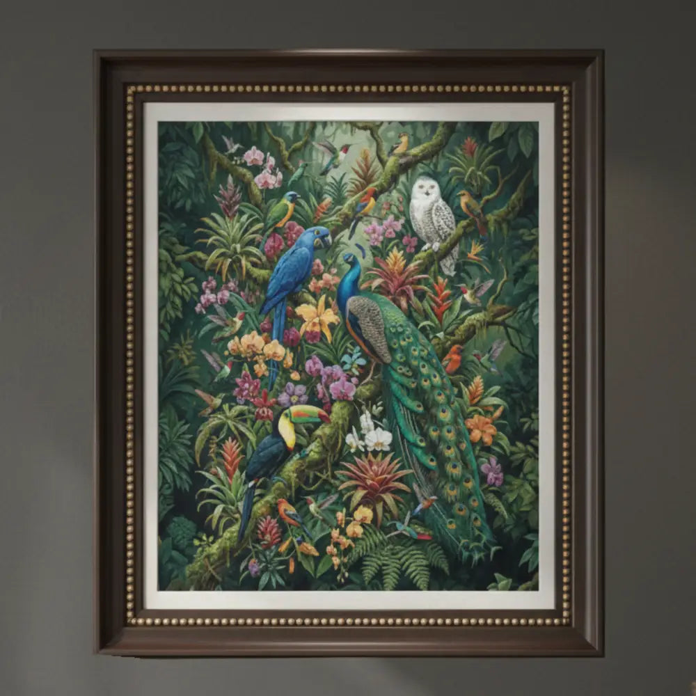 Vibrant tropical aviary botanical wall art with exotic birds in wooden frame