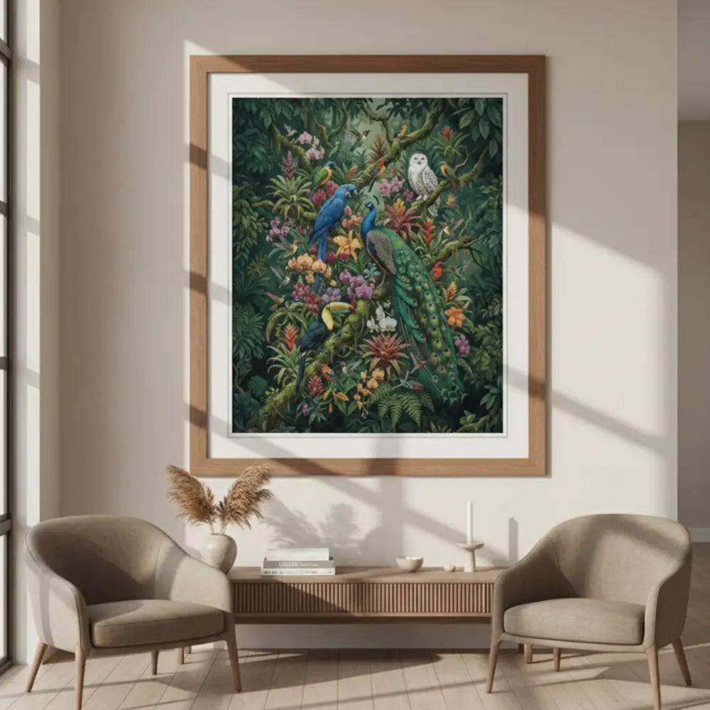 Framed tropical aviary art print with exotic birds and lush botanical wall art