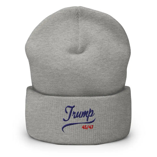 Trump MAGA 45/47 Embroidered Cuffed Beanie Patriotic Winter Hat - Heather Grey - Beanies light gray beanie trump