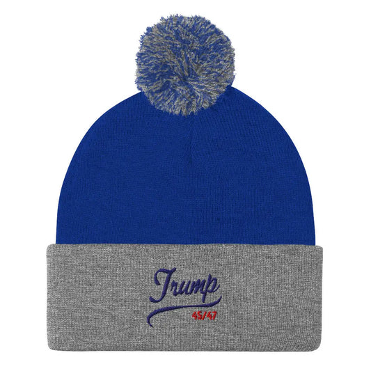 Trump MAGA 45/47 Embroidered Pom-Pom Beanie | Patriotic Winter Hat - Royal/ Heather Grey - Beanies blue gray knit