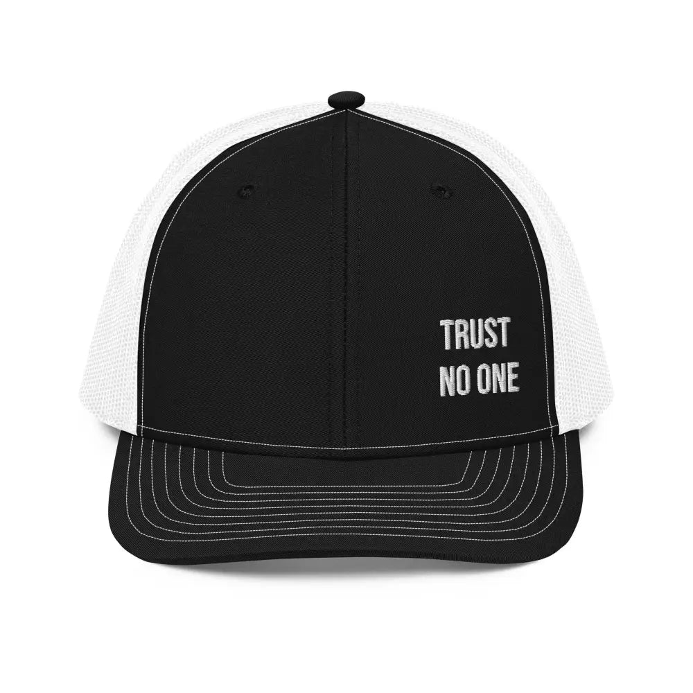 Black and white Trini Skies embroidered trucker cap with TRUST NO ONE