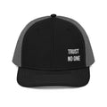 Black and gray Trini Skies embroidered trucker cap with TRUST NO ONE