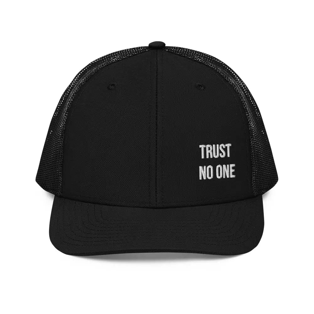 Black Trini Skies embroidered trucker cap with Trust No One text