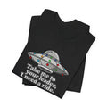 Black UFO graphic tee with colorful lights, gamers tee funny alien humor shirt