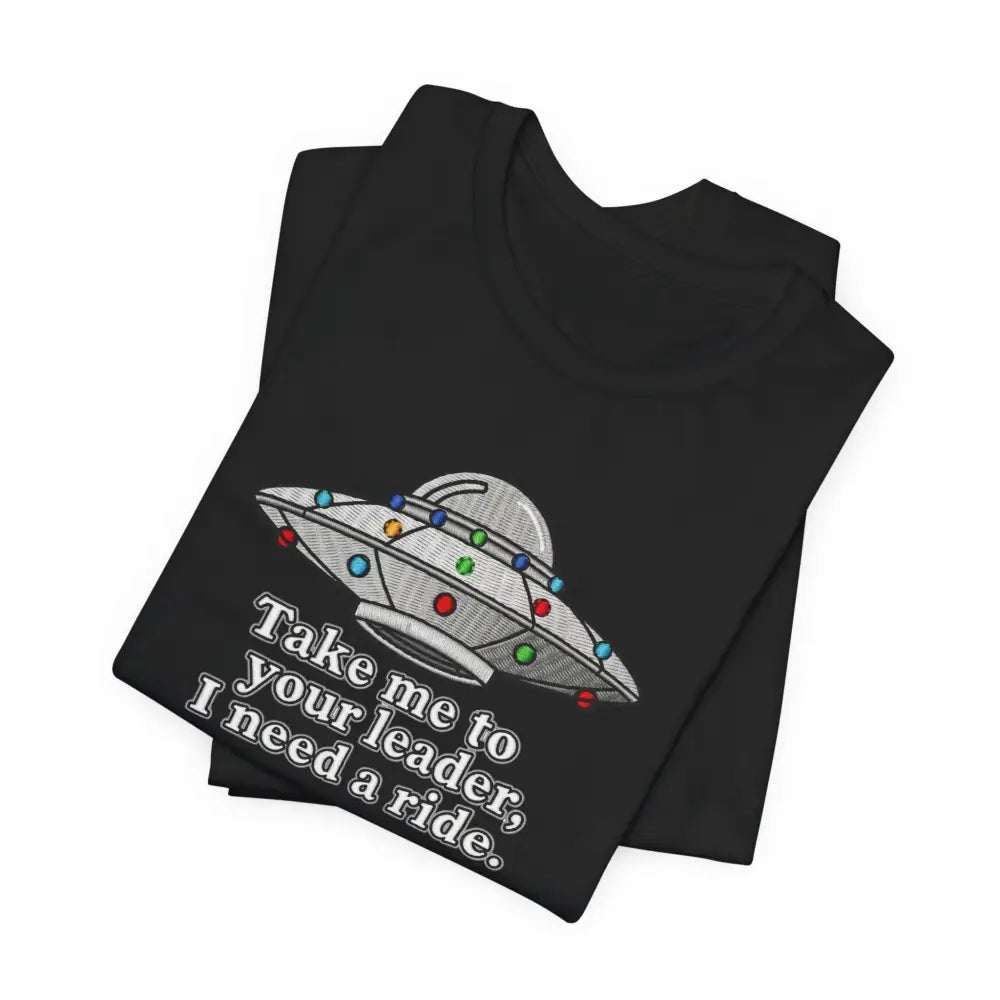 Black UFO graphic tee with colorful lights, gamers tee funny alien humor shirt