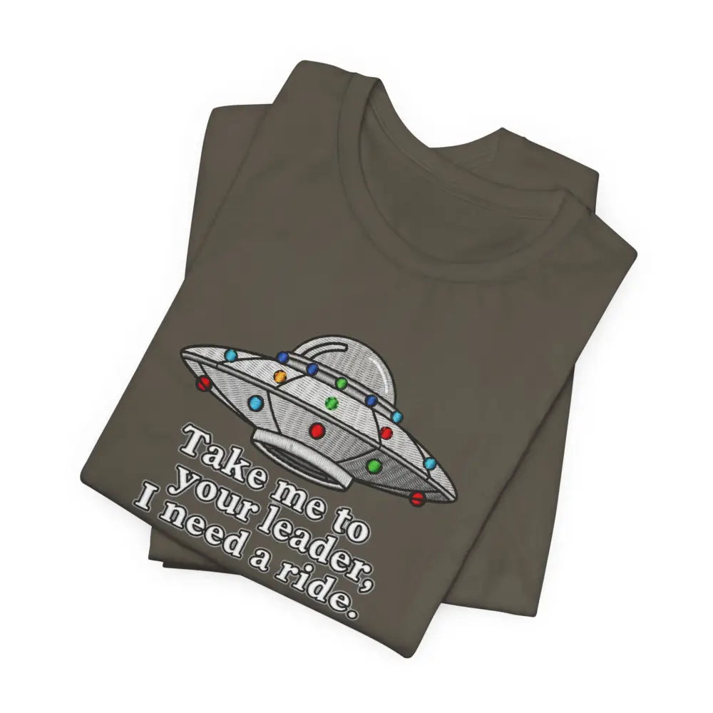 Folded dark gray UFO graphic tee with colorful alien humor design