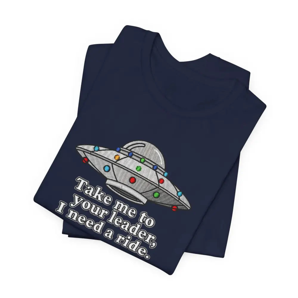 Dark blue UFO graphic tee with alien humor shirt design for gamers
