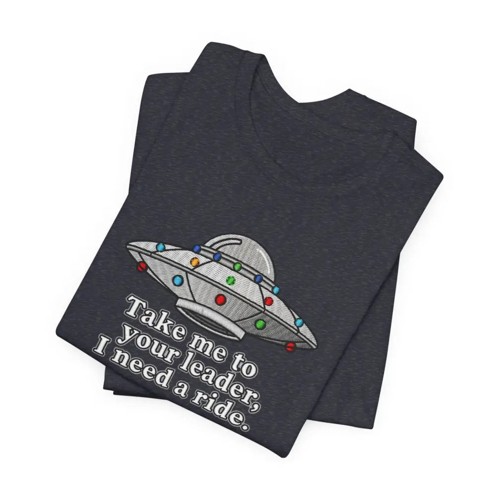 Folded black UFO graphic tee with alien spaceship print, gamers tee funny