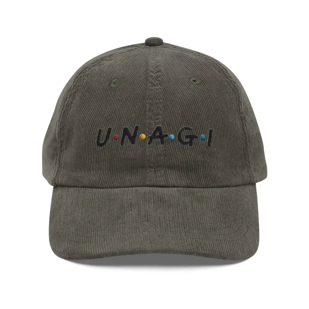 Olive green unagi embroidered corduroy baseball cap in Friends font