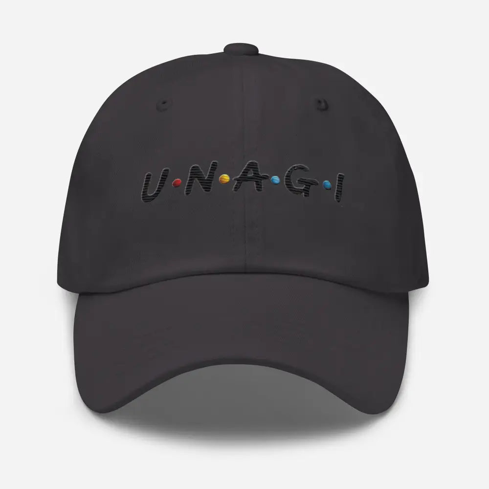 Unagi embroidered dad hat in Friends TV show font, dark gray