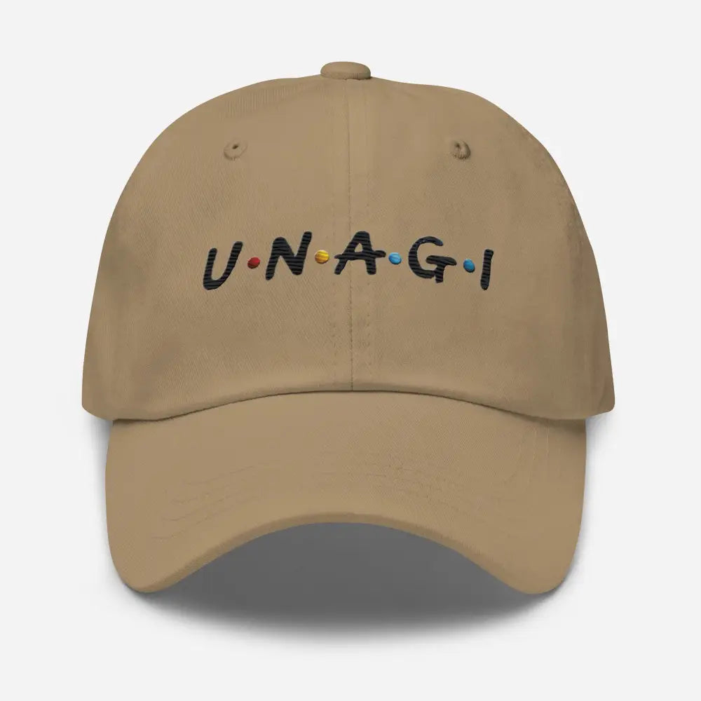 Unagi embroidered dad hat in Friends TV show font