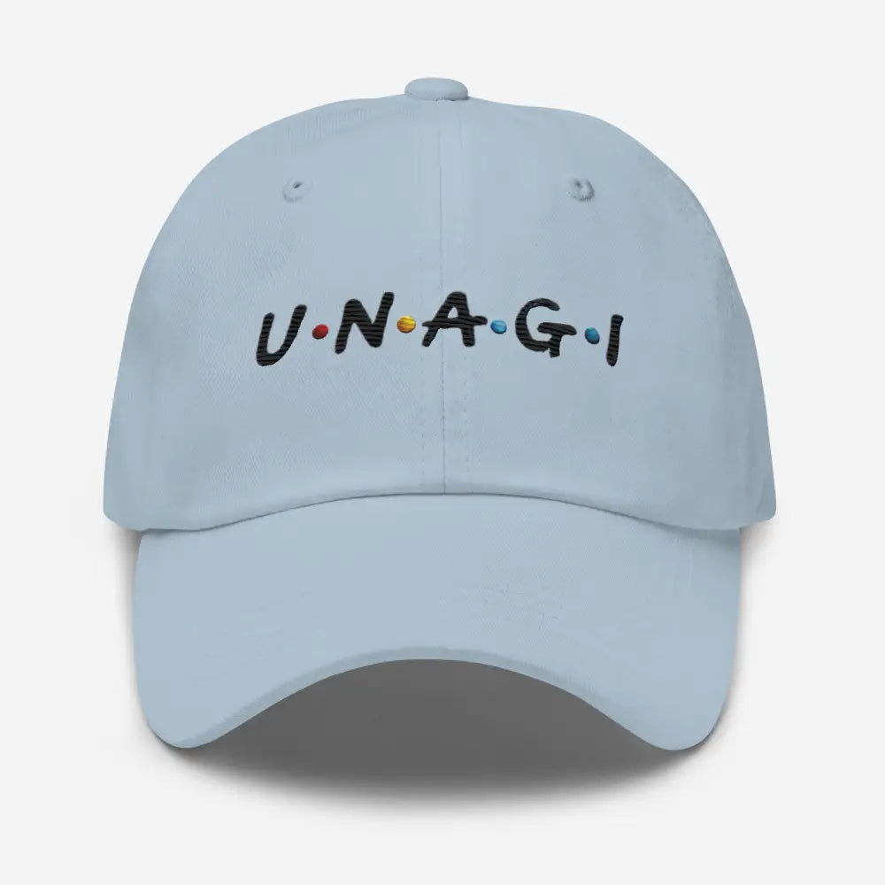 Light blue unagi embroidered dad hat in Friends TV show font