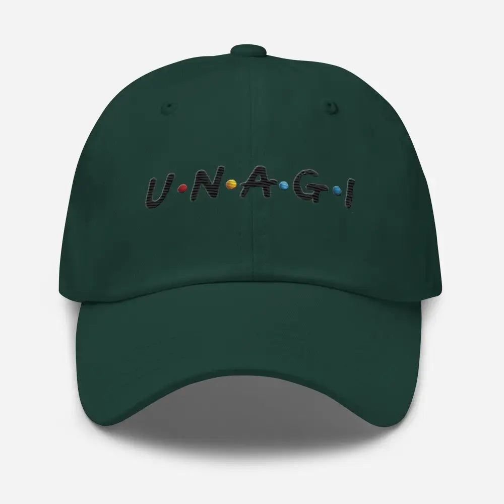 Dark green Unagi embroidered dad hat with Friends logo style