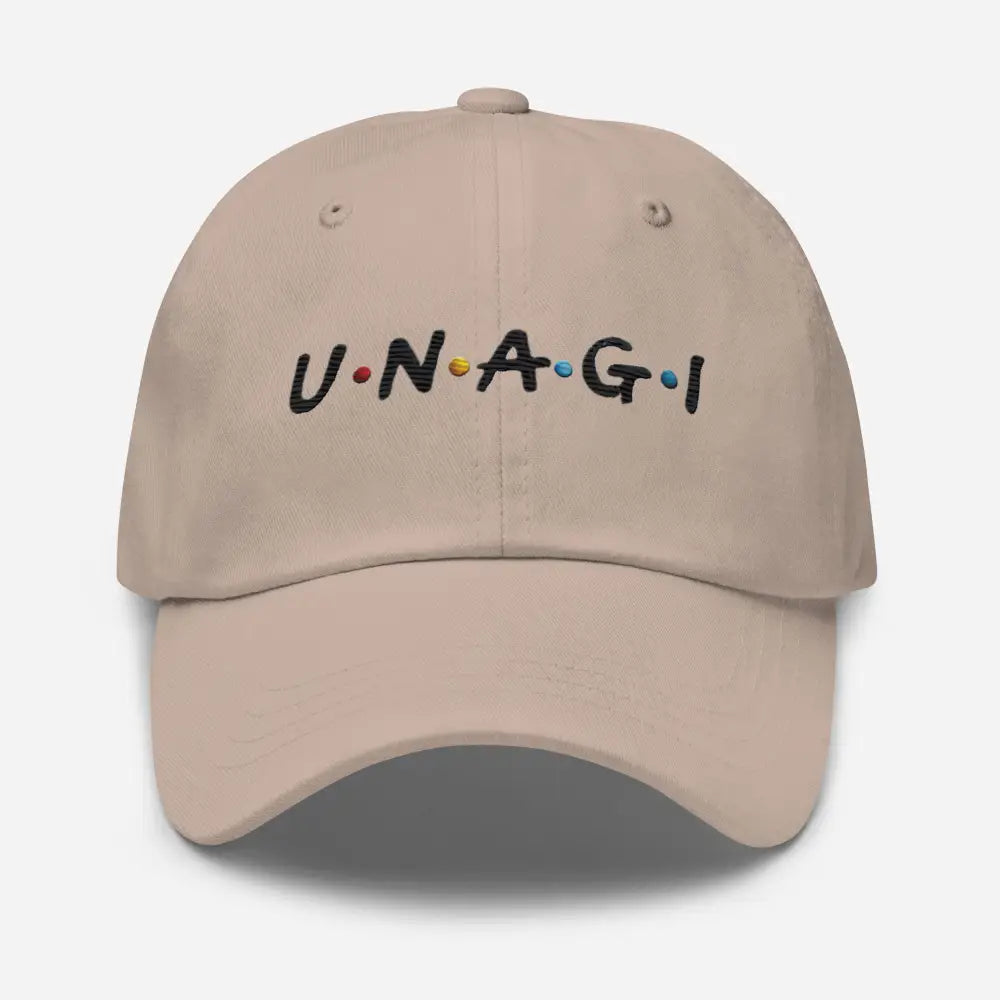 Unagi embroidered dad hat in light tan cotton with Trini Skies design