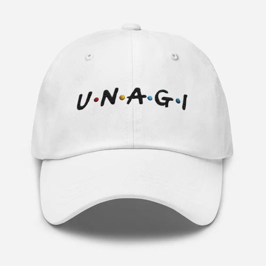 UNAGI Embroidered Dad Hat – Stay Aware in Style - White - white baseball cap unagi text 1