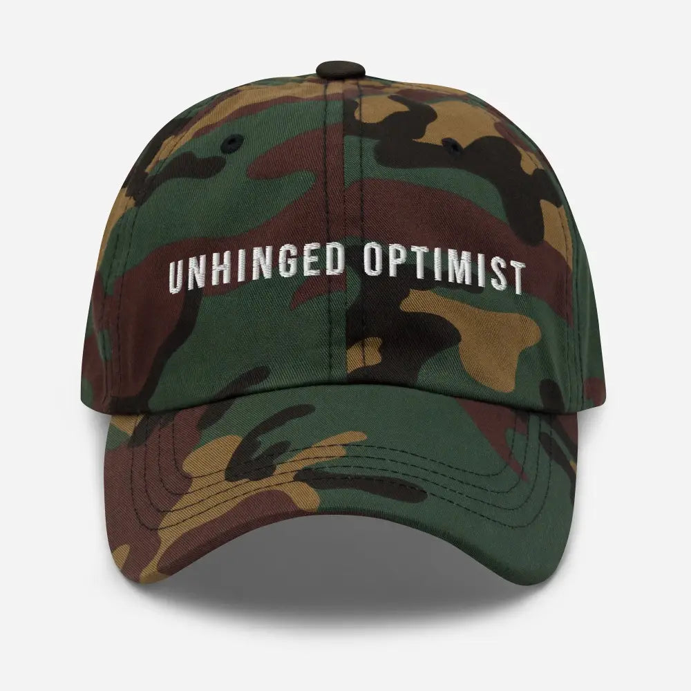 Unhinged Optimist embroidered camo dad hat by Trini Skies Supply