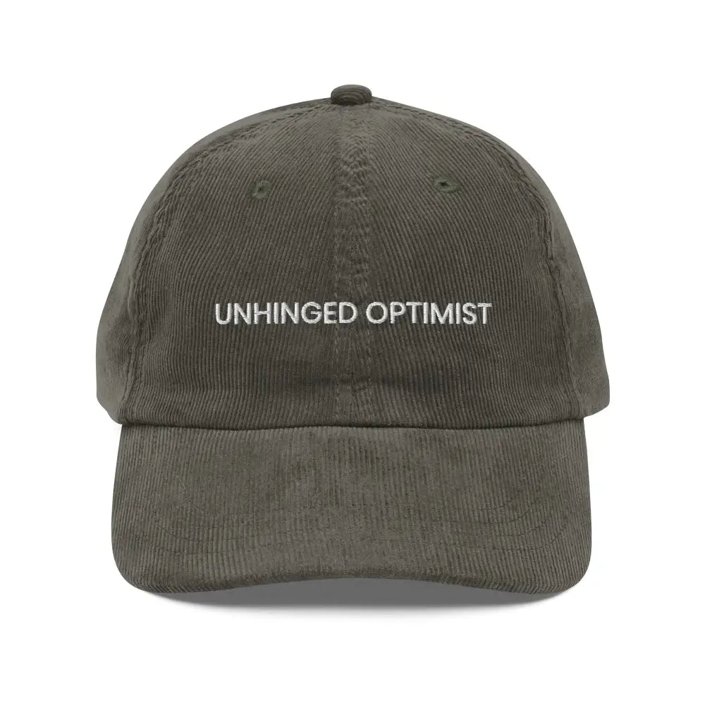 Olive green embroidered corduroy cap by Trini Skies with Unhinged Optimist design