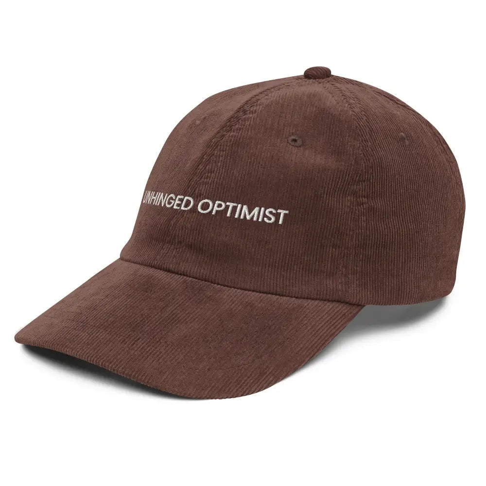 Brown embroidered corduroy cap by Trini Skies with Unhinged Optimist design