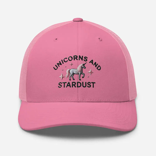 Unicorns and Stardust Embroidered Trucker Cap – Fun & Stylish for Every Day - Pink - Hats pink trucker cap unicorn