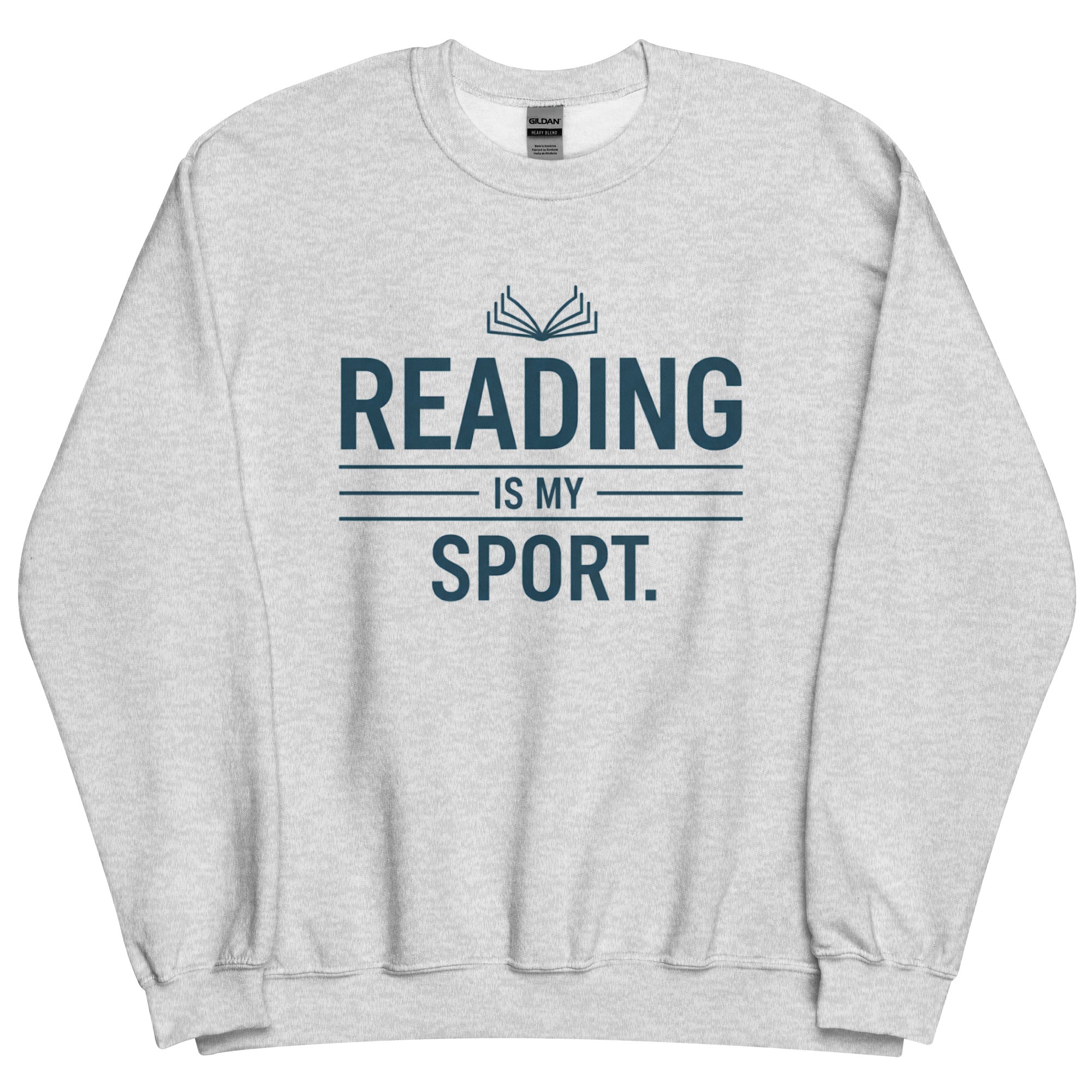 Cozy heather gray book lover sweatshirt with Reading Is My Favorite Sport design