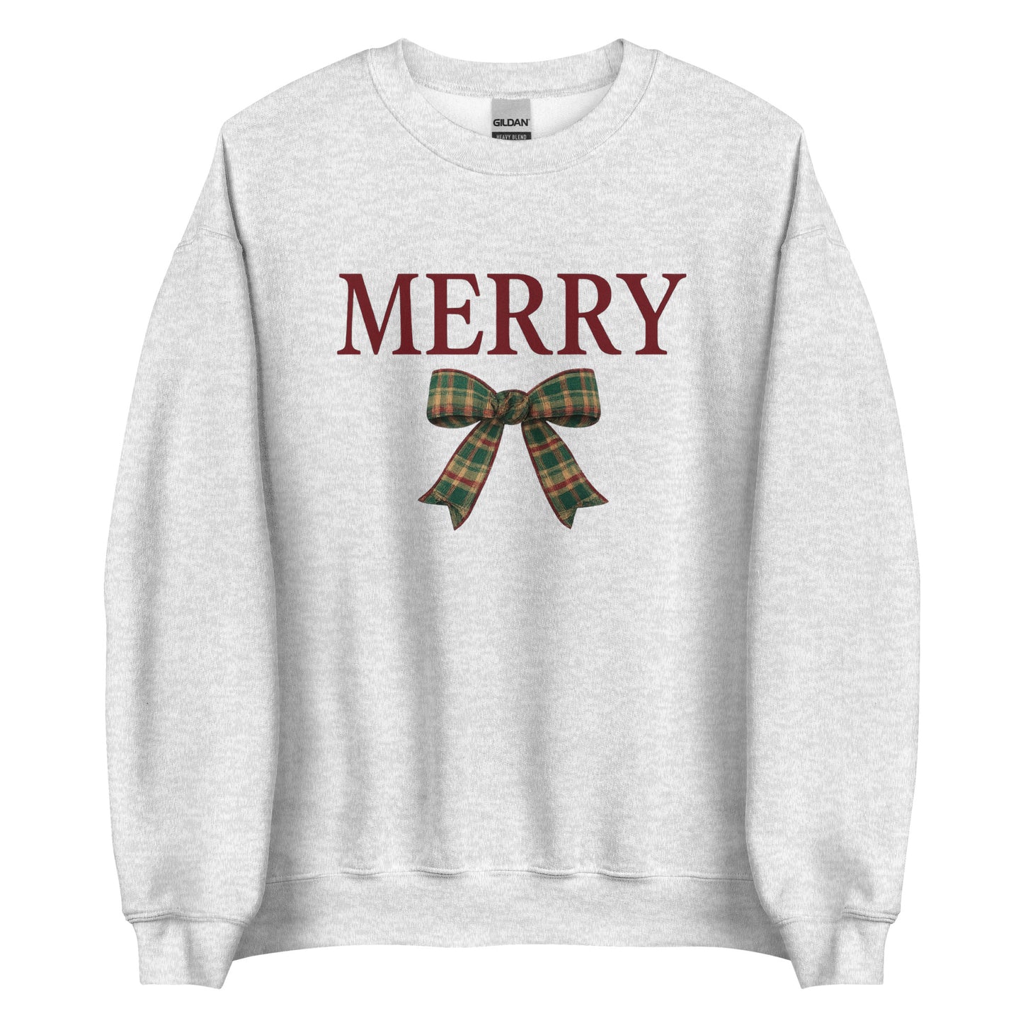 White Merry Christmas sweatshirt with plaid bow, minimalist holiday crewneck