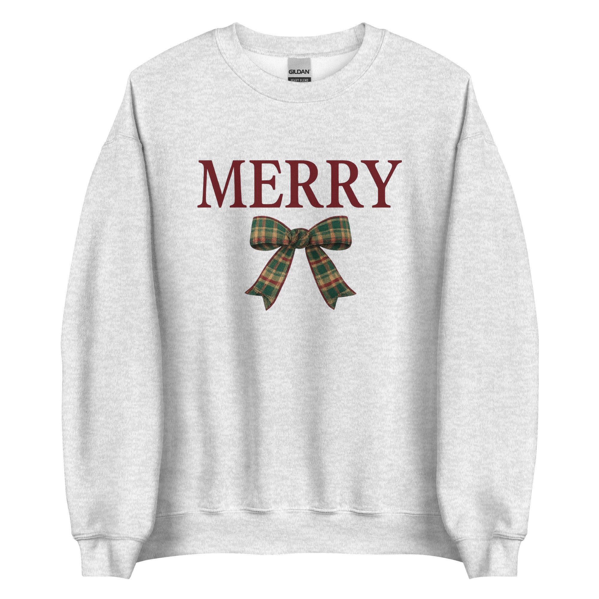 White Merry Christmas sweatshirt with plaid bow, minimalist holiday crewneck