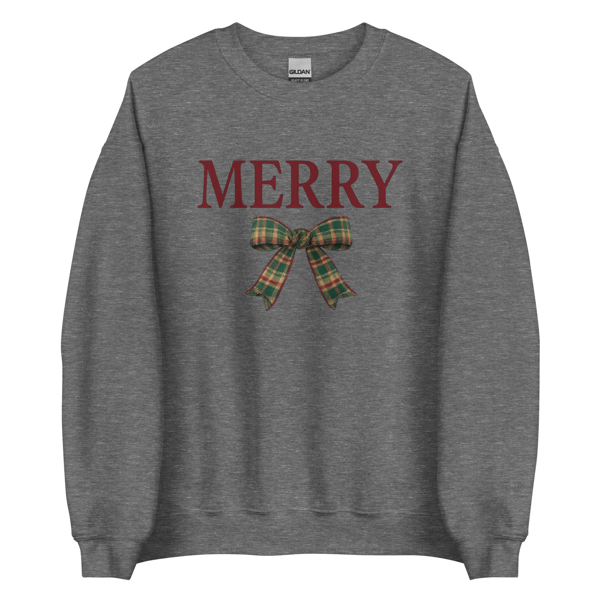 Charcoal gray merry Christmas crewneck sweatshirt with plaid bow