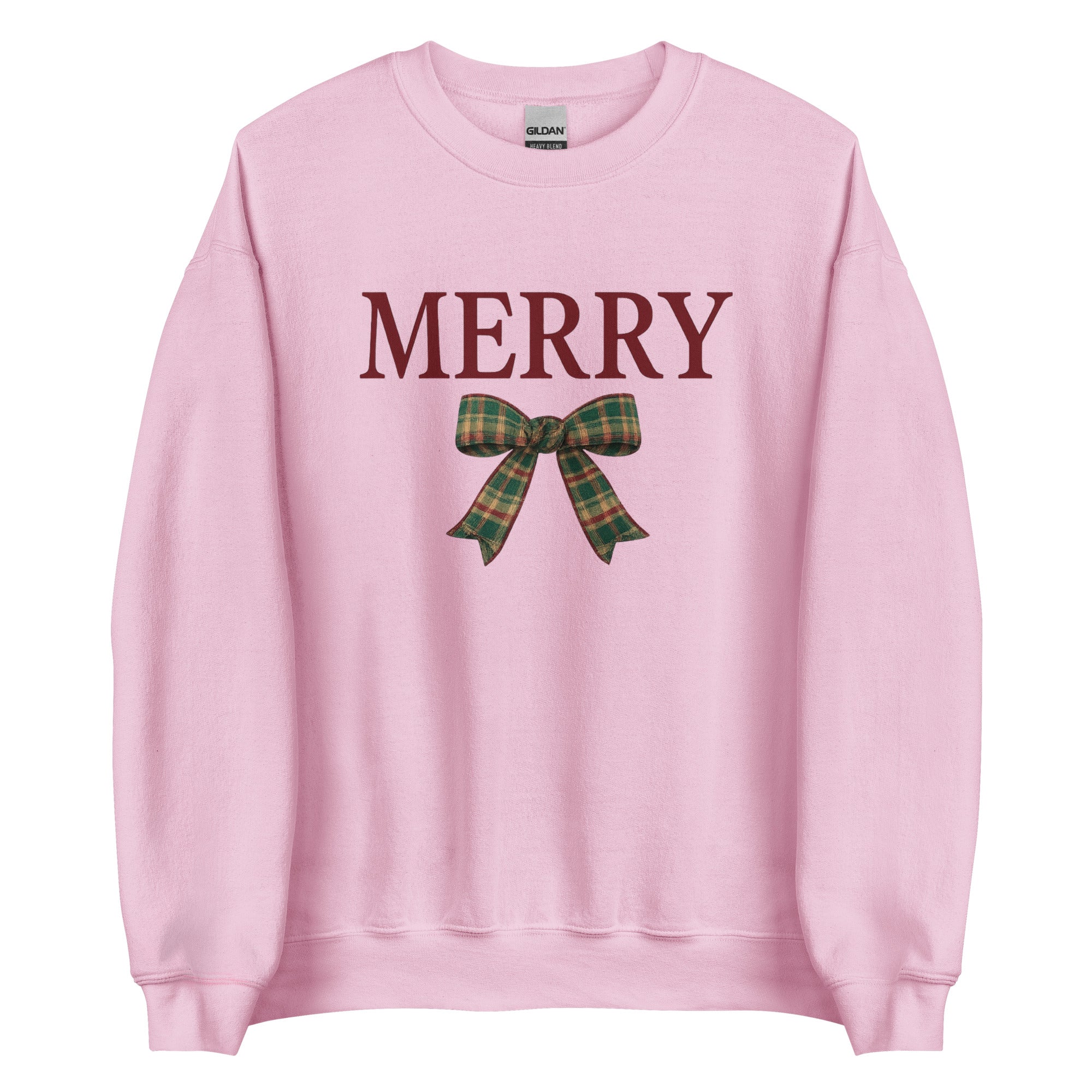 Pink Merry Christmas sweatshirt with plaid bow design