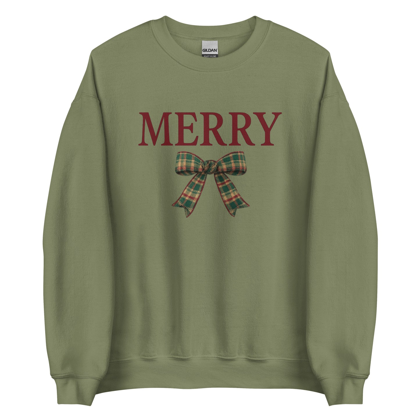 Merry Christmas olive green sweatshirt with plaid bow and red text
