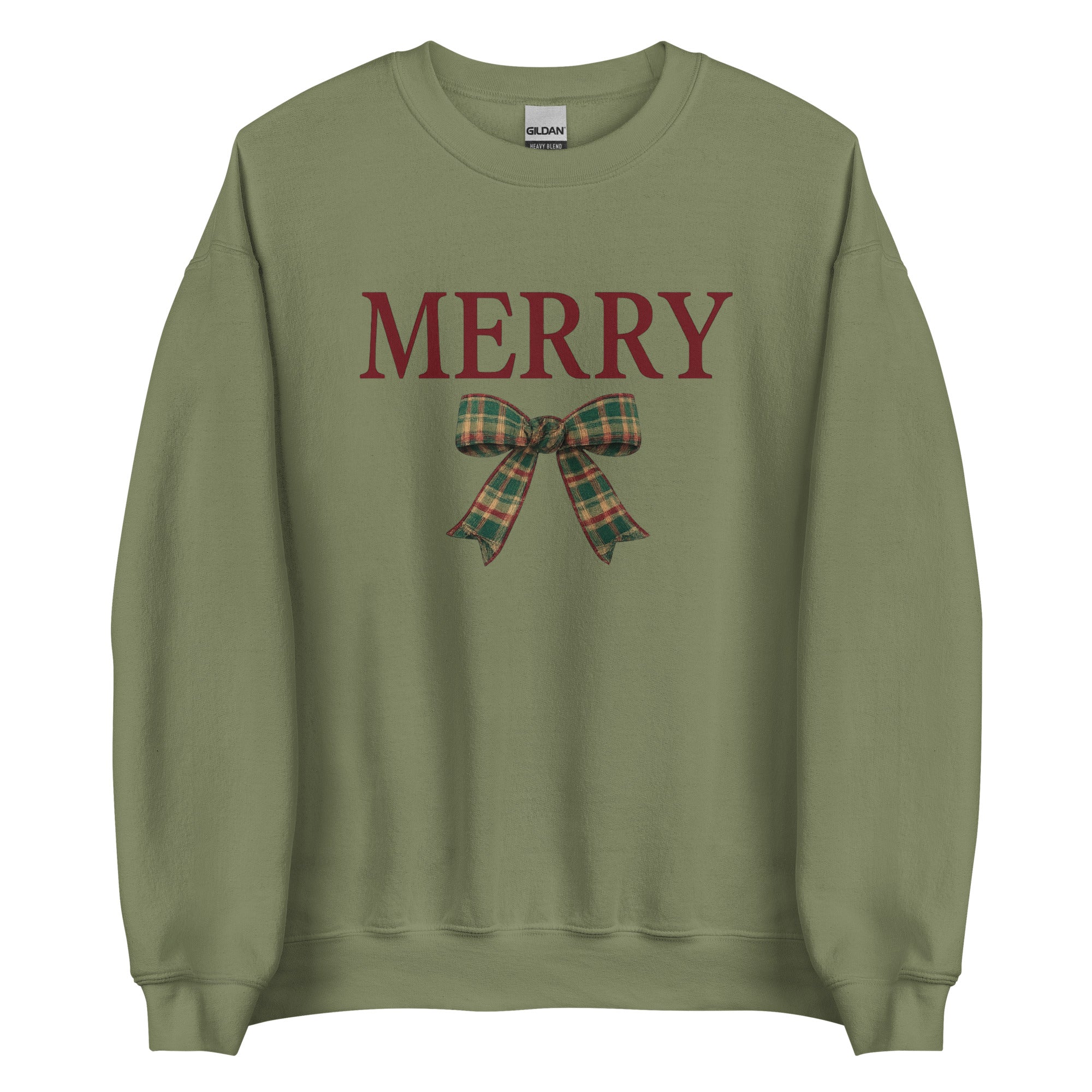 Merry Christmas olive green sweatshirt with plaid bow and red text