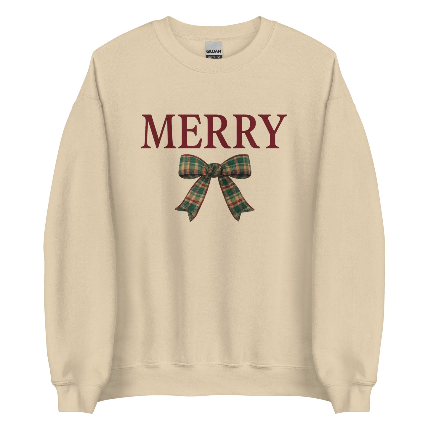 Beige Merry Christmas sweatshirt with plaid bow and merry text