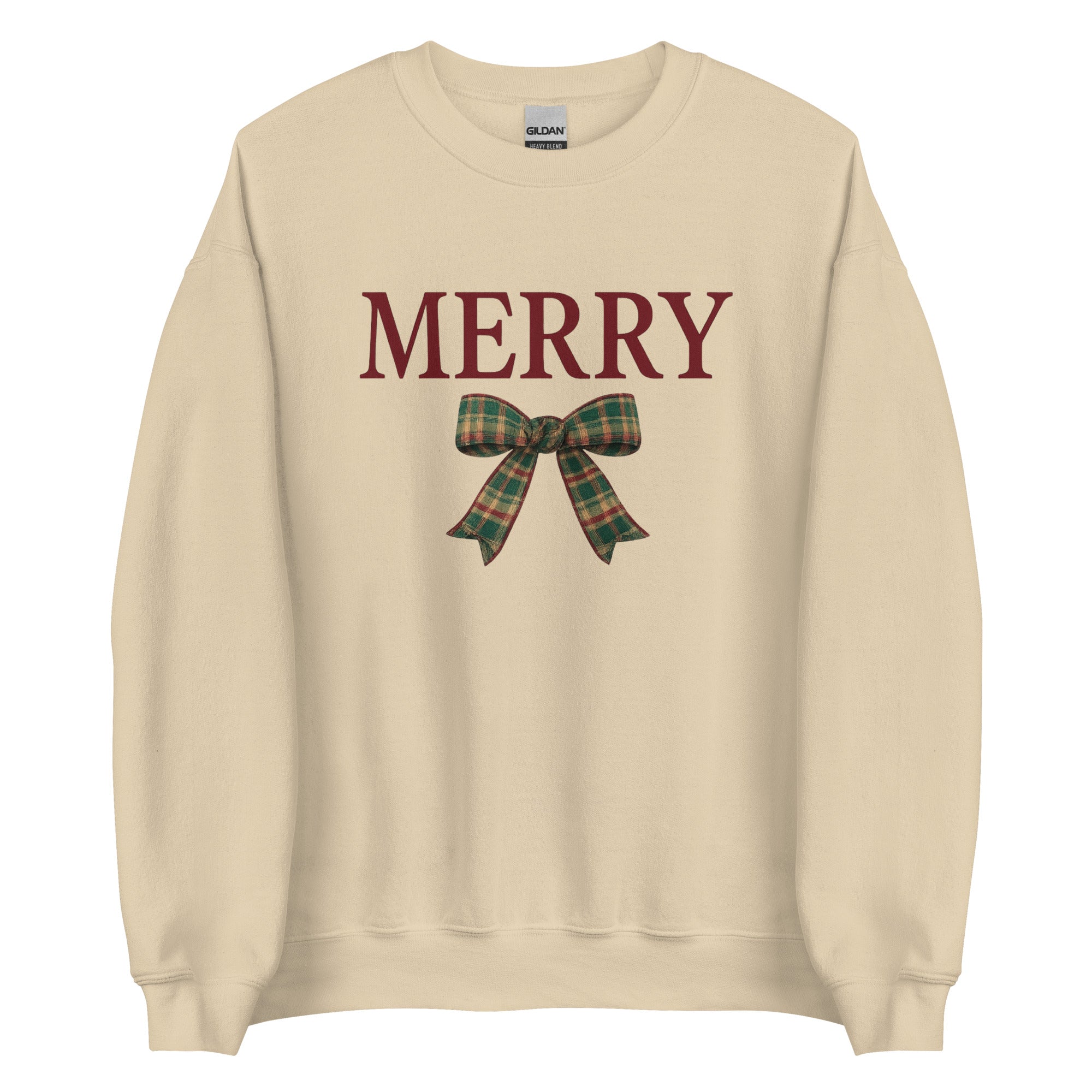Beige Merry Christmas sweatshirt with plaid bow and merry text
