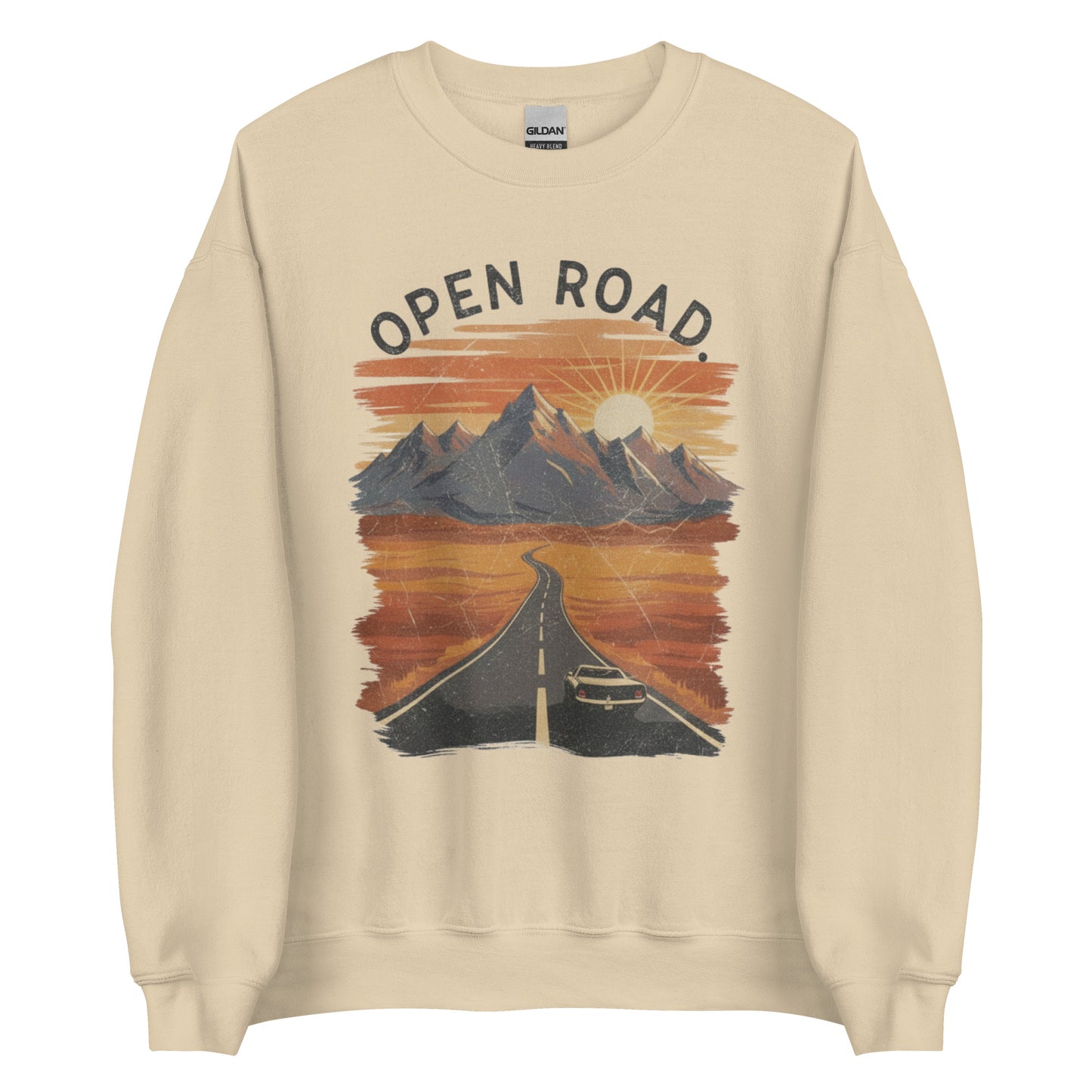 Vintage desert highway mountain crewneck sweatshirt with open road graphic