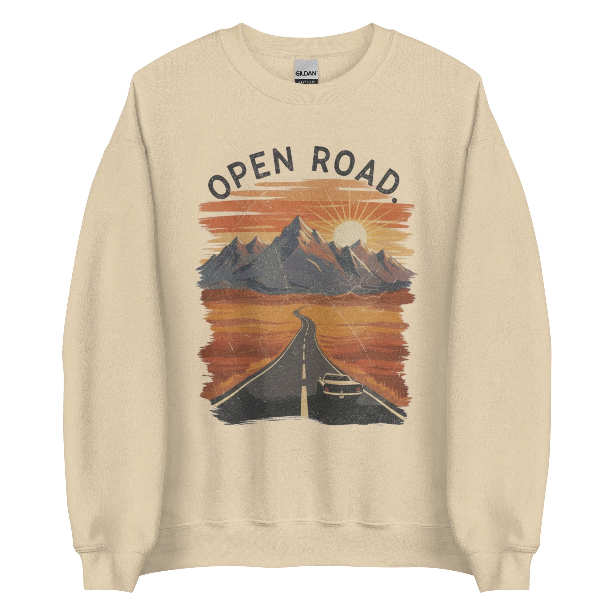 Vintage desert highway mountain crewneck sweatshirt with open road graphic