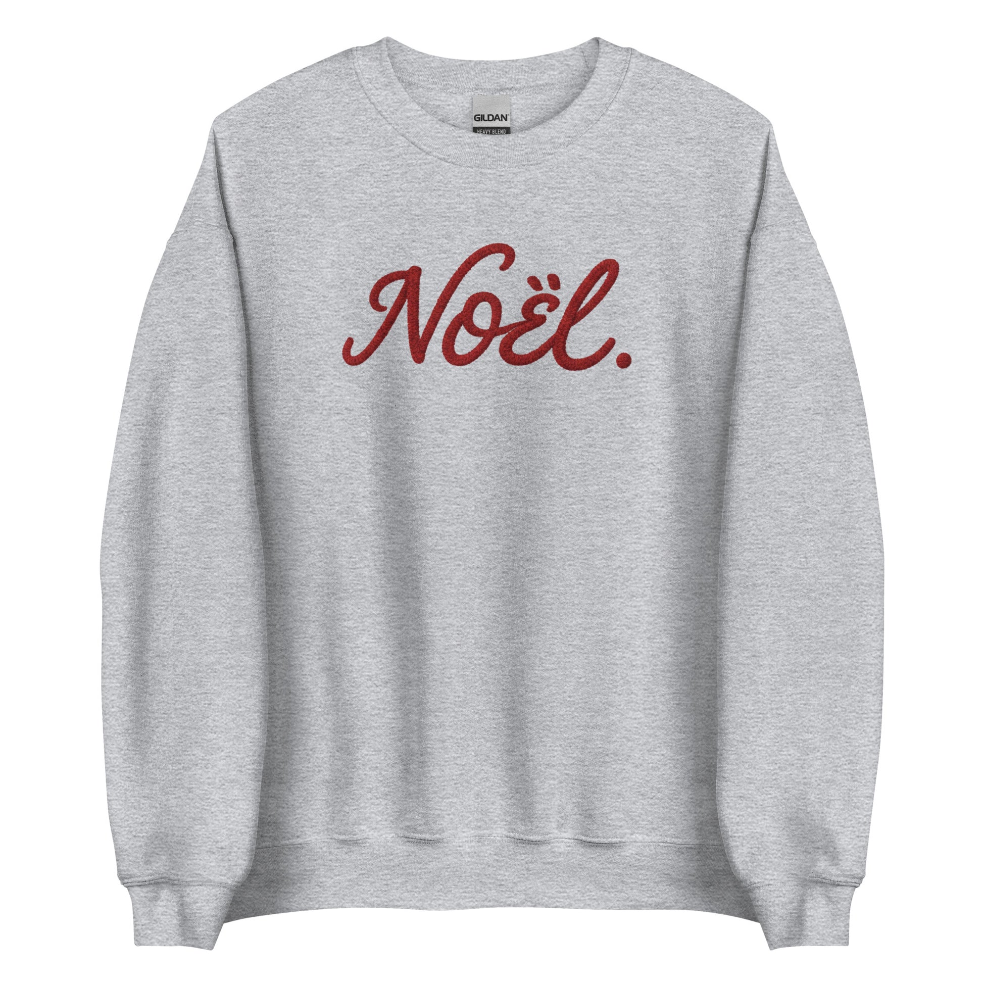 Heather gray Noël Christmas crewneck with red cursive script