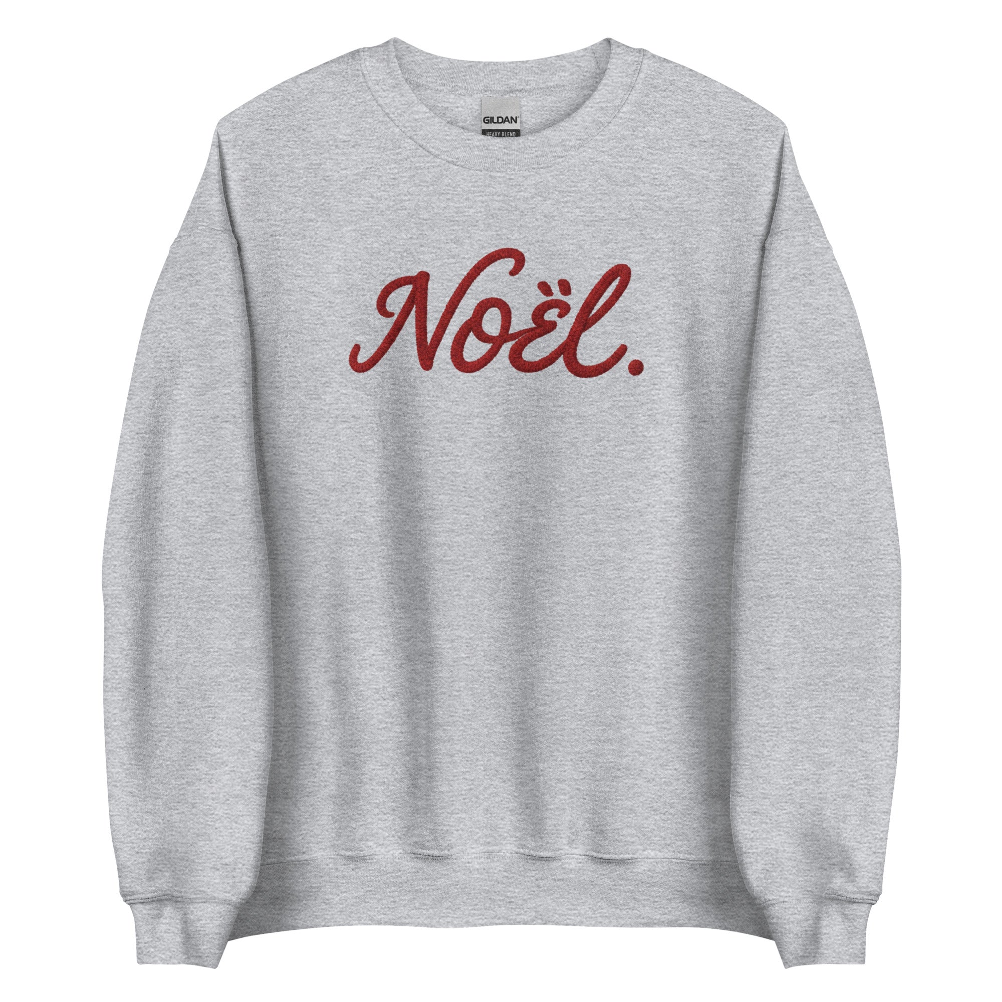 Heather gray Noël Christmas crewneck with red cursive script