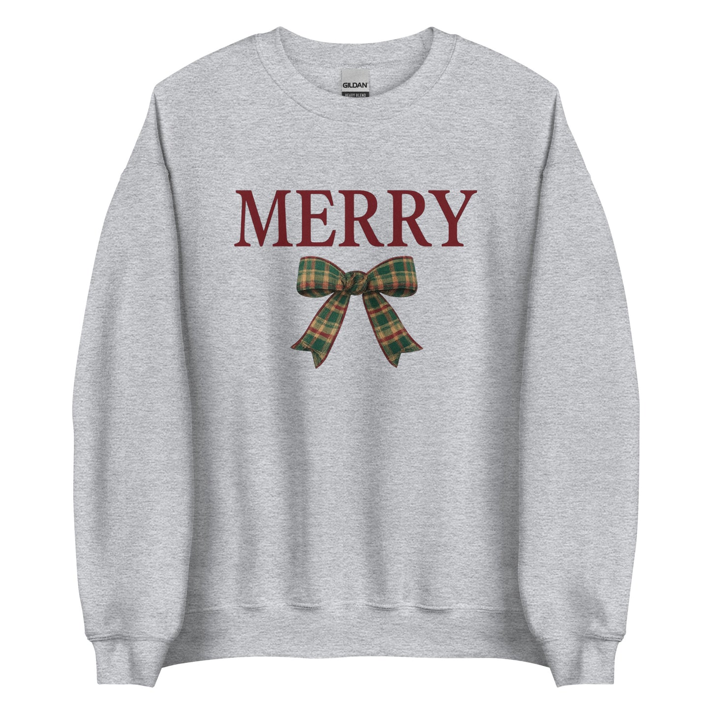 Heather gray crewneck merry Christmas sweatshirt with plaid bow