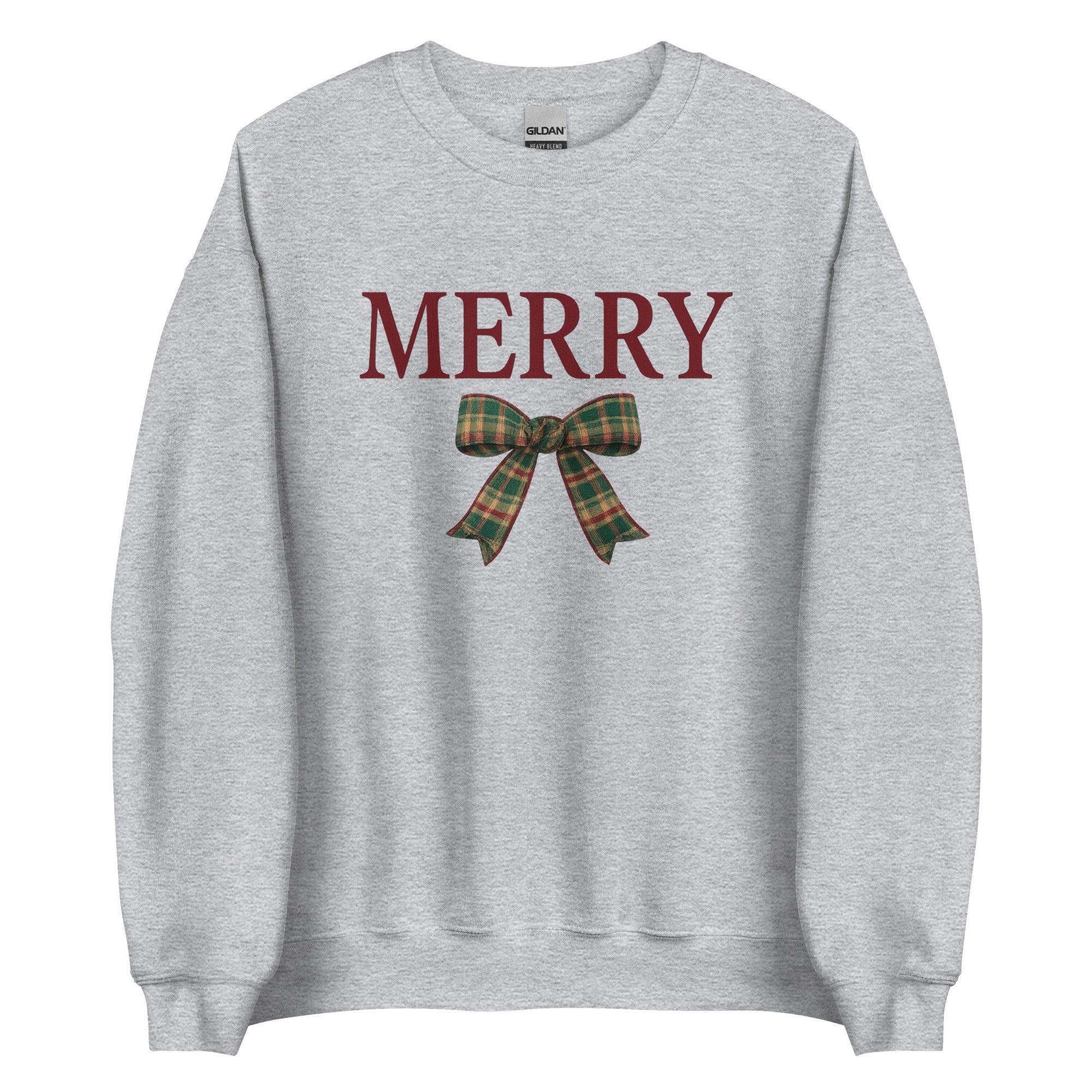 Heather gray crewneck merry Christmas sweatshirt with plaid bow