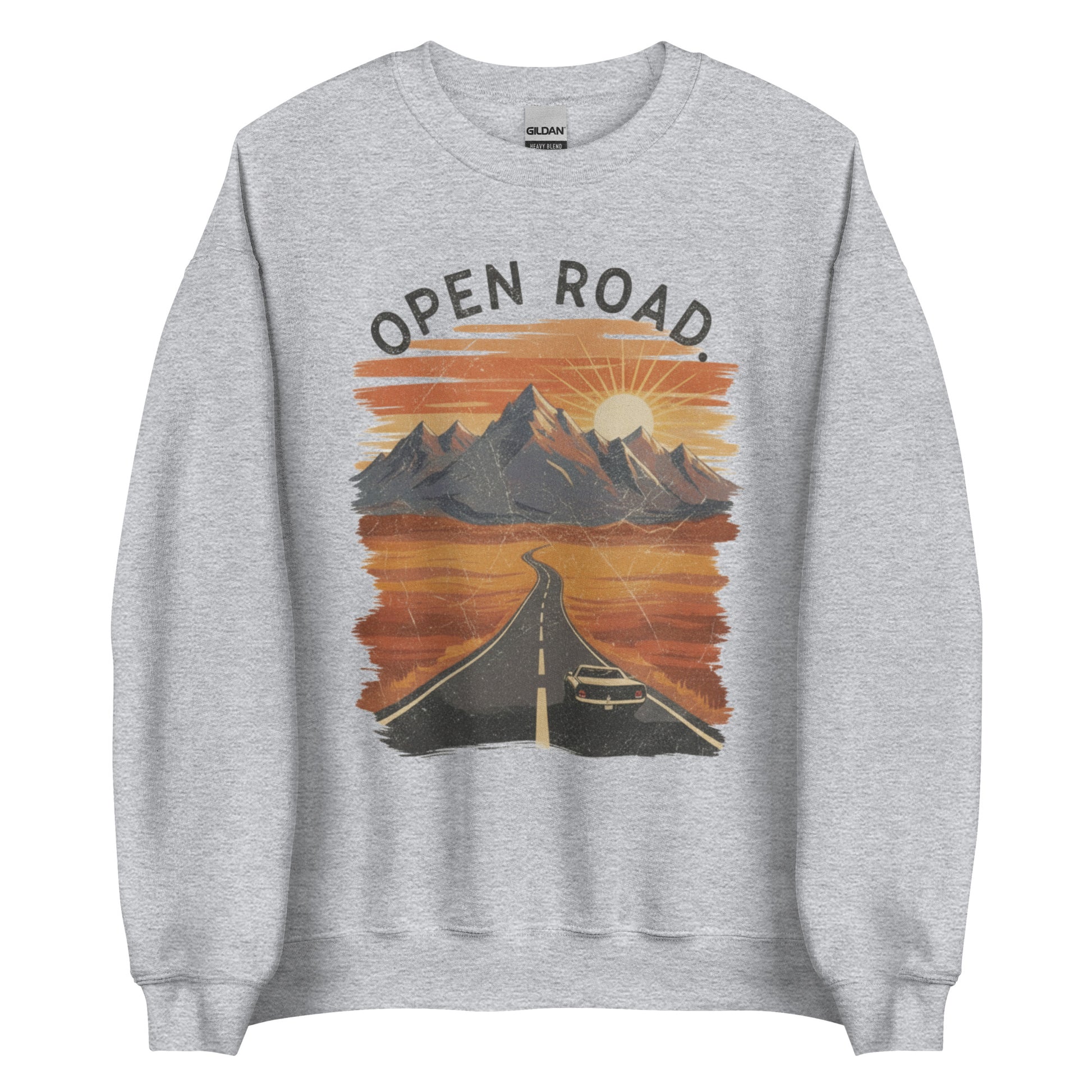 Heather gray mountain crewneck sweatshirt with desert highway graphic